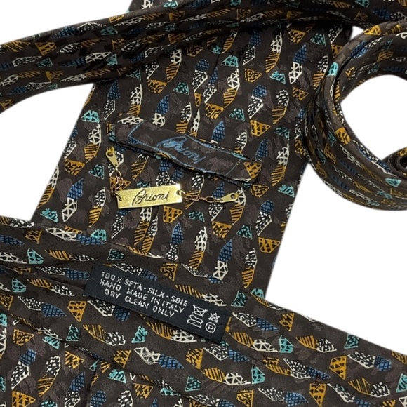 BRIONI Brown/Beige/Blue Geometric Art Silk LUXURY Tie HANDMADE ITALY - Picture 3 of 4